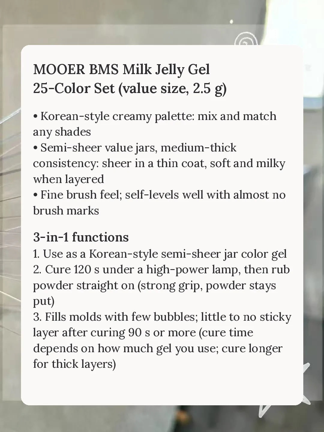Milk Jelly features: creamy Korean palette, self-leveling, 3-in-1 uses