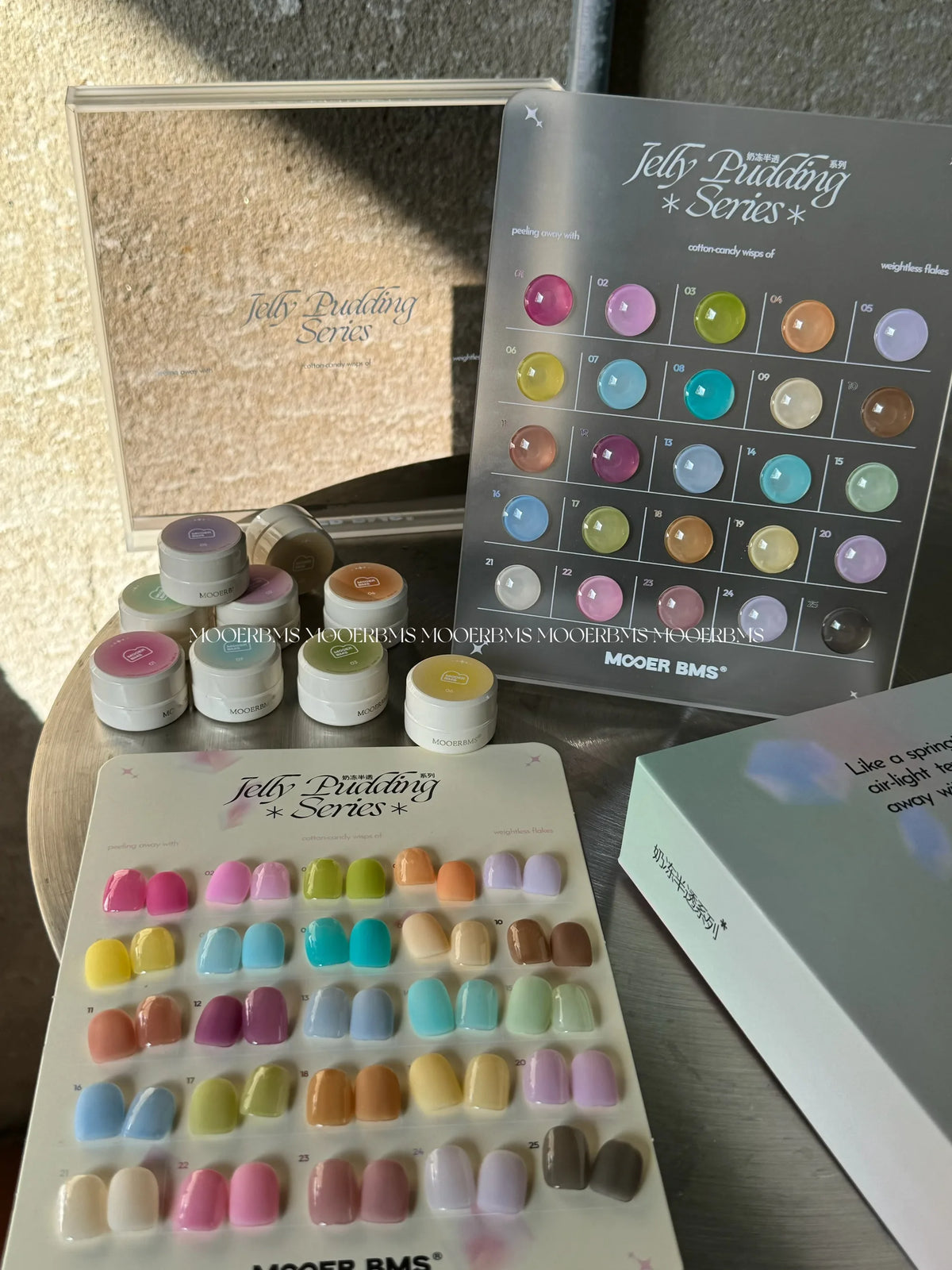 Milk Jelly jars with swatched nail tips and the acrylic stand