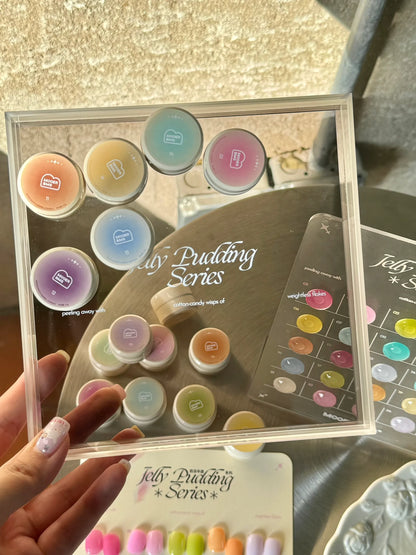 Milk Jelly jars and swatch card in hand