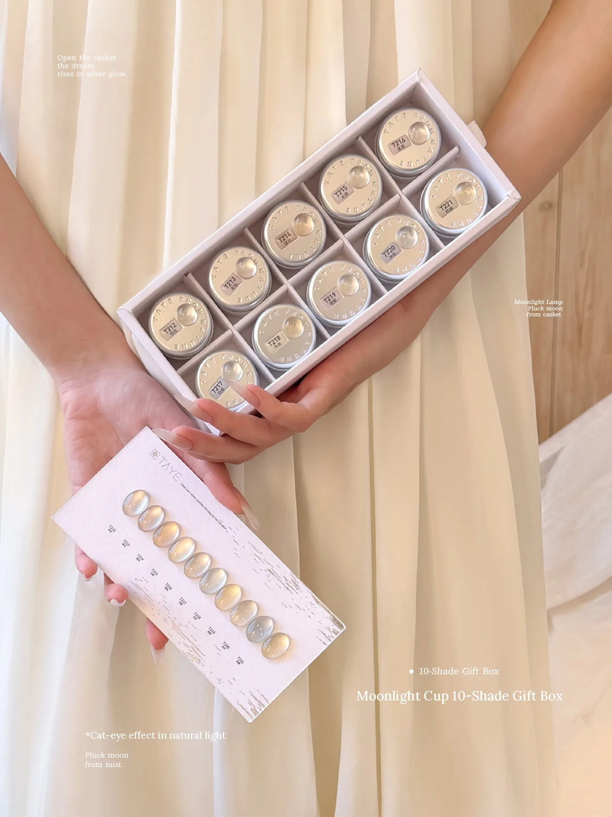 Hands holding the Moonlight Cup gift box and swatch card