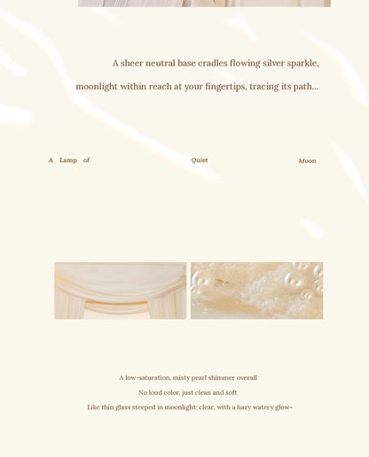 Sheer neutral base with flowing silver shimmer, misty pearl finish