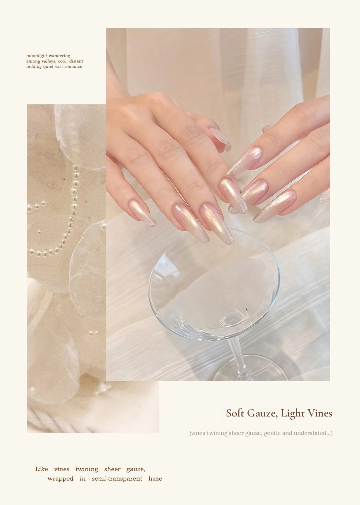 Soft cat eye manicure with pearls and glassware
