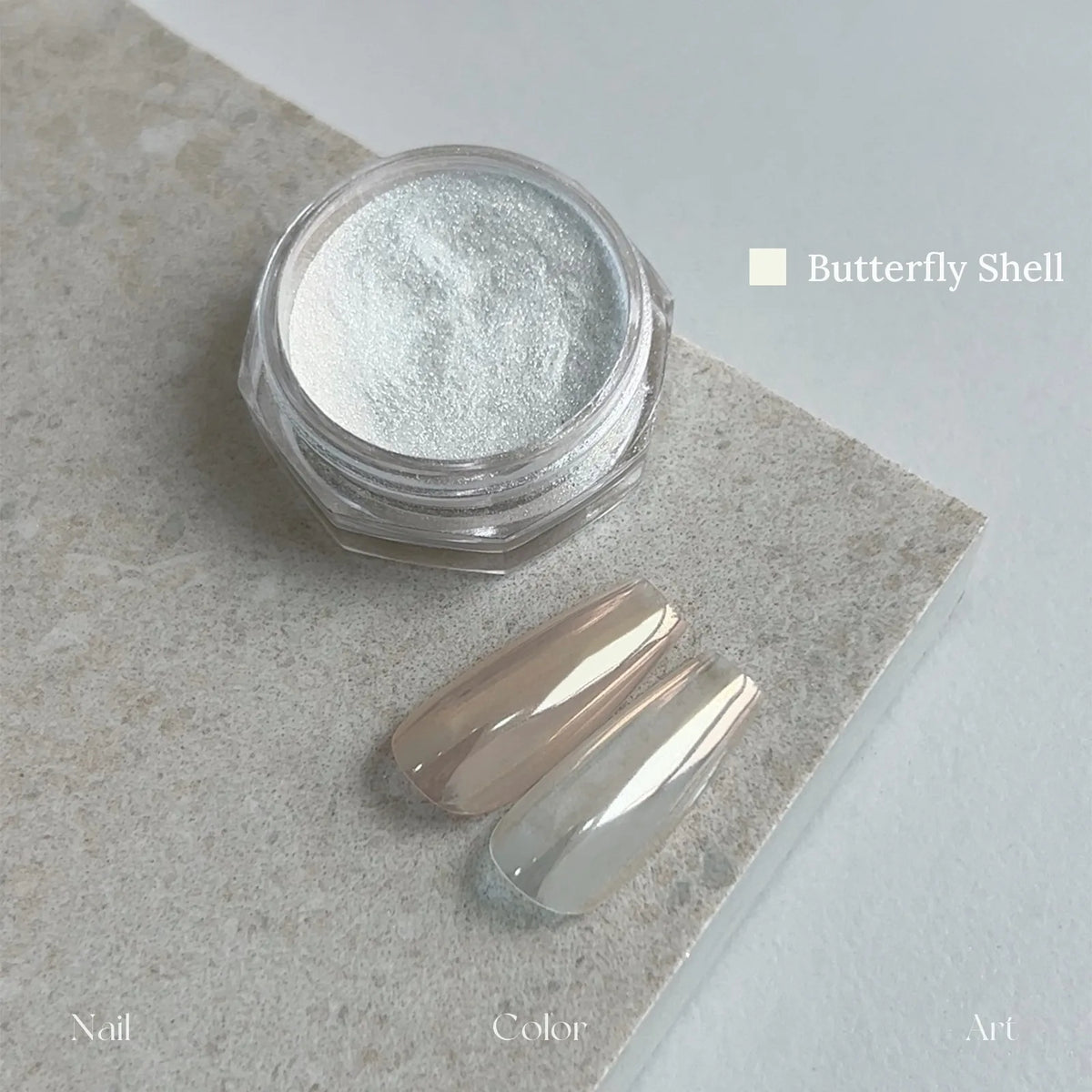 YHH Moonlight Silk Powder in Butterfly Shell: jar and swatch tips