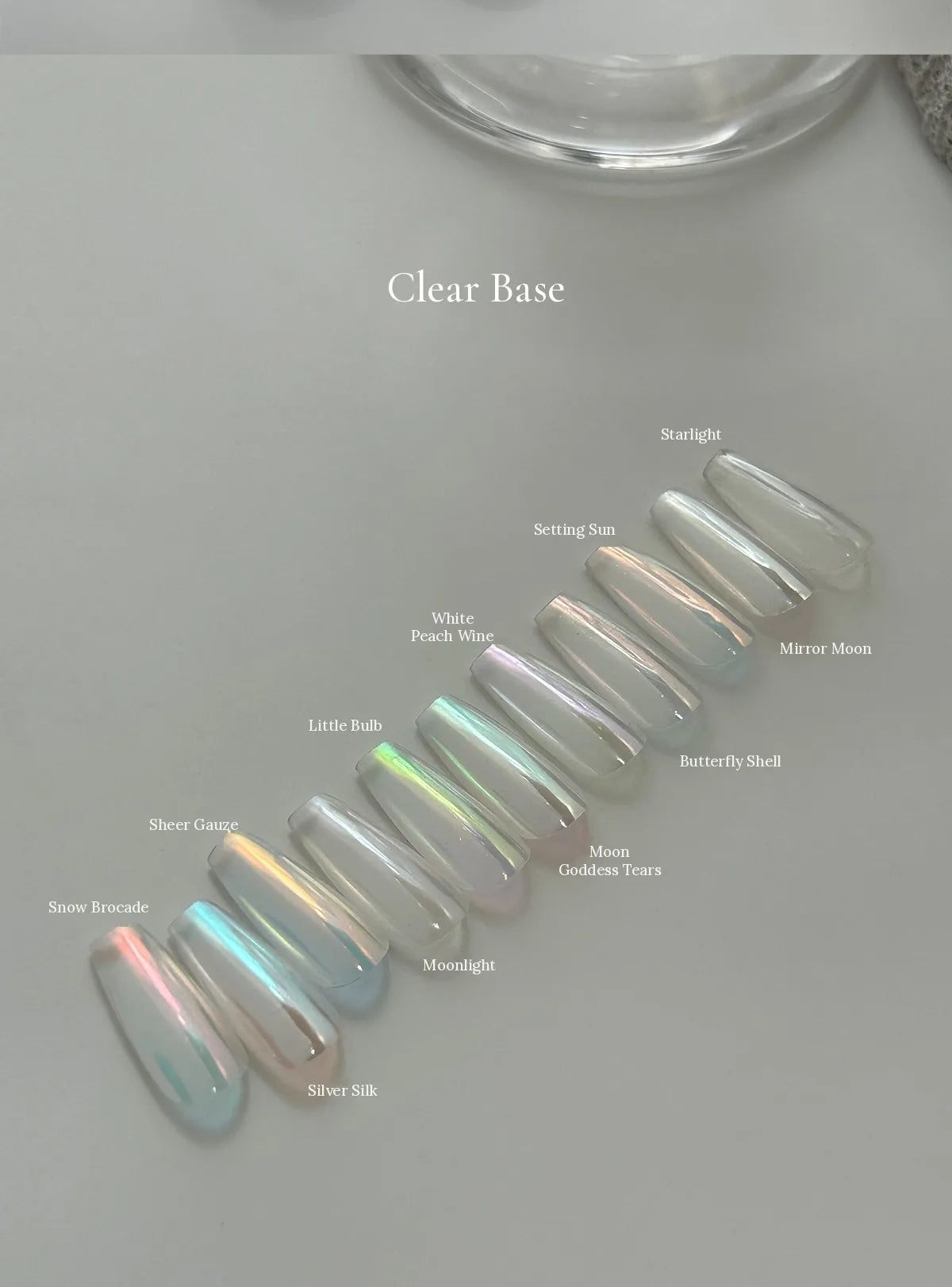 All 11 shades over a clear base, labelled
