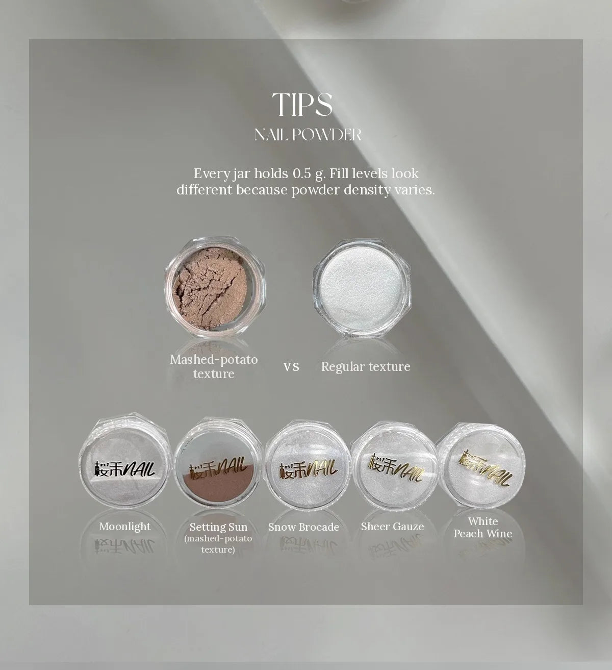 Every jar holds 0.5 g; fill levels vary with powder density