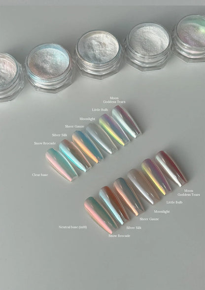Jars and labelled swatch tips on clear and neutral bases