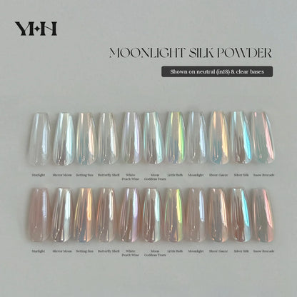 All 11 Moonlight Silk Powder shades on clear and neutral (in18) bases, labelled