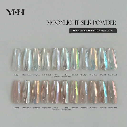 All 11 Moonlight Silk Powder shades on clear and neutral (in18) bases, labelled