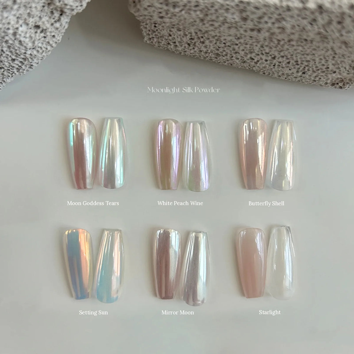Shade pairs: Moon Goddess Tears, White Peach Wine, Butterfly Shell, Setting Sun, Mirror Moon, Starlight