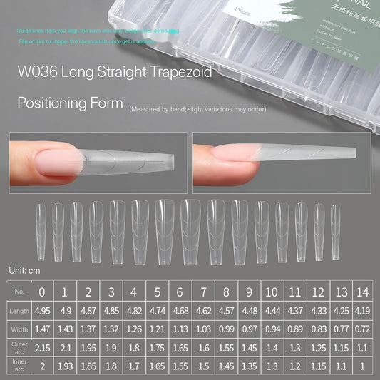 MR NAIL W036 long straight trapezoid positioning form, 150 pcs, size chart