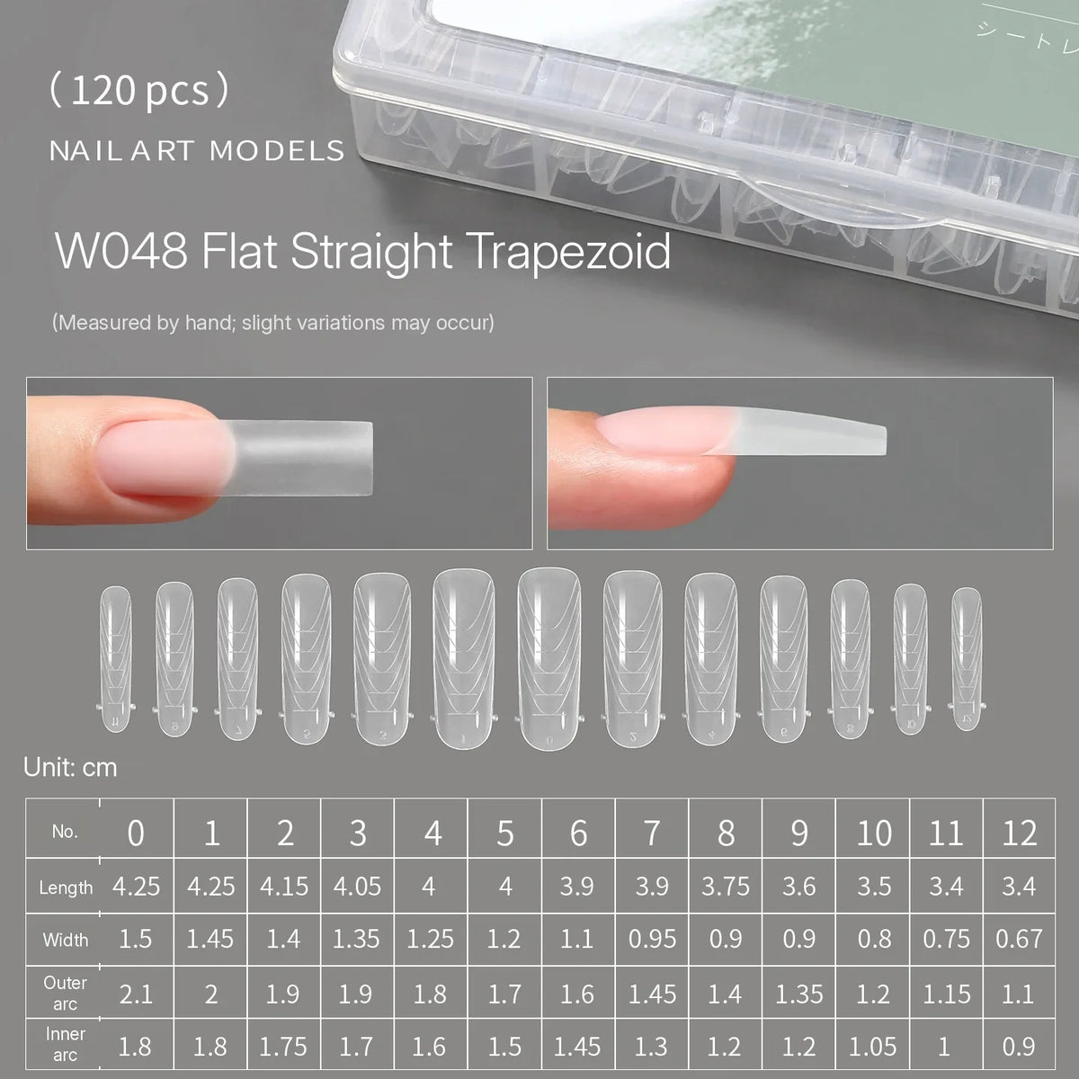 MR NAIL W048 flat straight trapezoid positioning form, 120 pcs, size chart