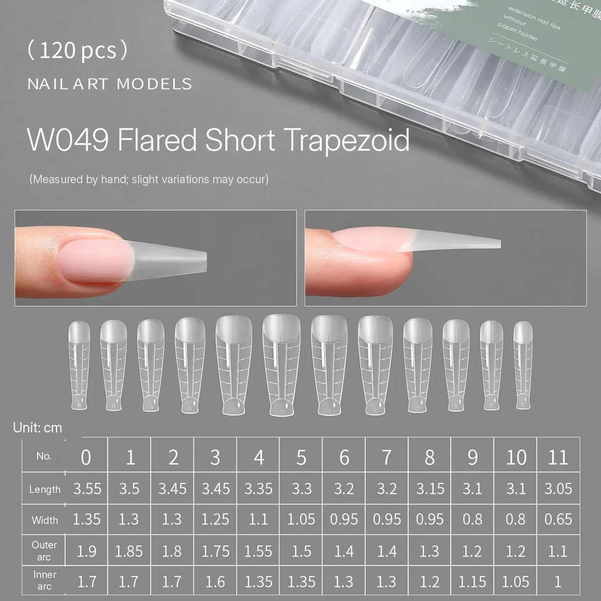 MR NAIL W049 flared short trapezoid positioning form, 120 pcs, size chart