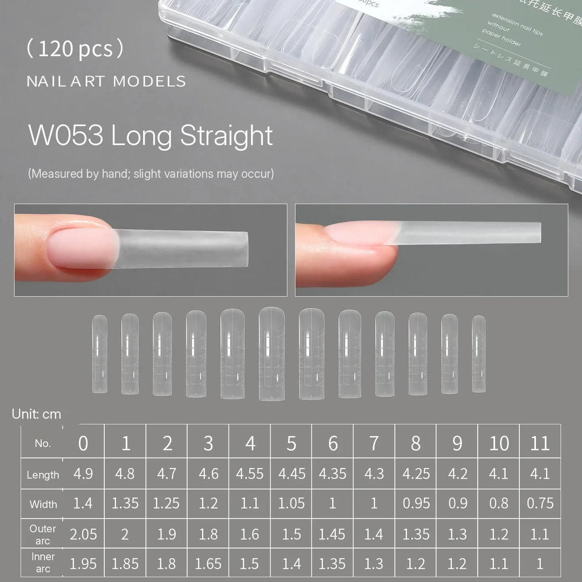 MR NAIL W053 long straight positioning form, 120 pcs, size chart