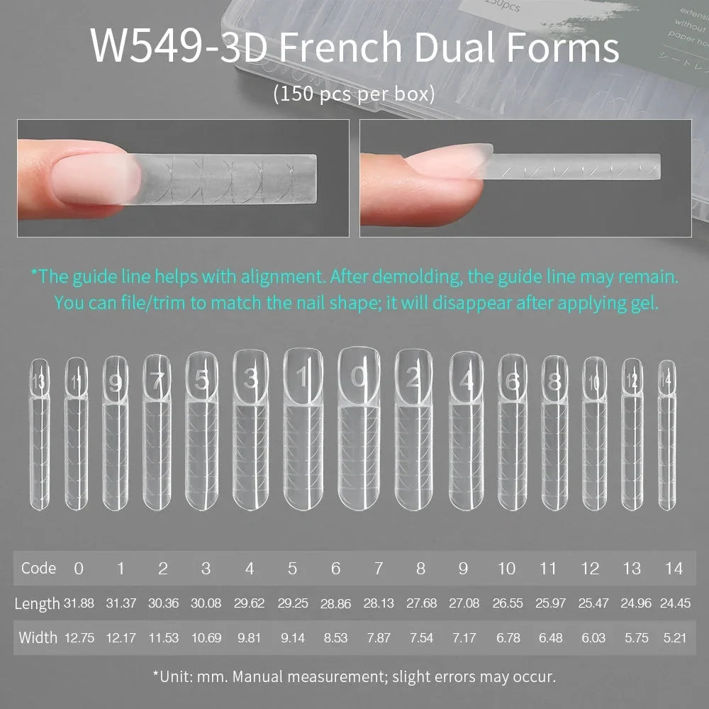 MR NAIL W549 3D French positioning form, 150 pcs, size chart