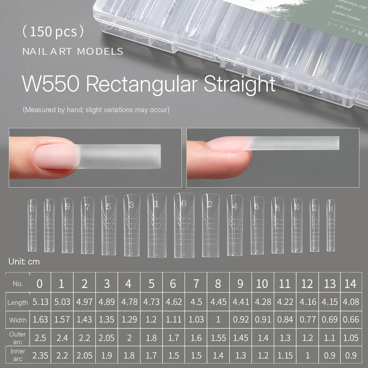 MR NAIL W550 rectangular straight positioning form, 150 pcs, size chart