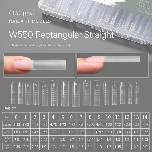 MR NAIL W550 rectangular straight positioning form, 150 pcs, size chart