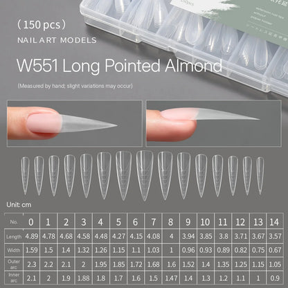 MR NAIL W551 long pointed almond positioning form, 150 pcs, size chart
