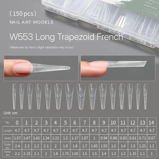 MR NAIL W553 long trapezoid French positioning form, 150 pcs, size chart