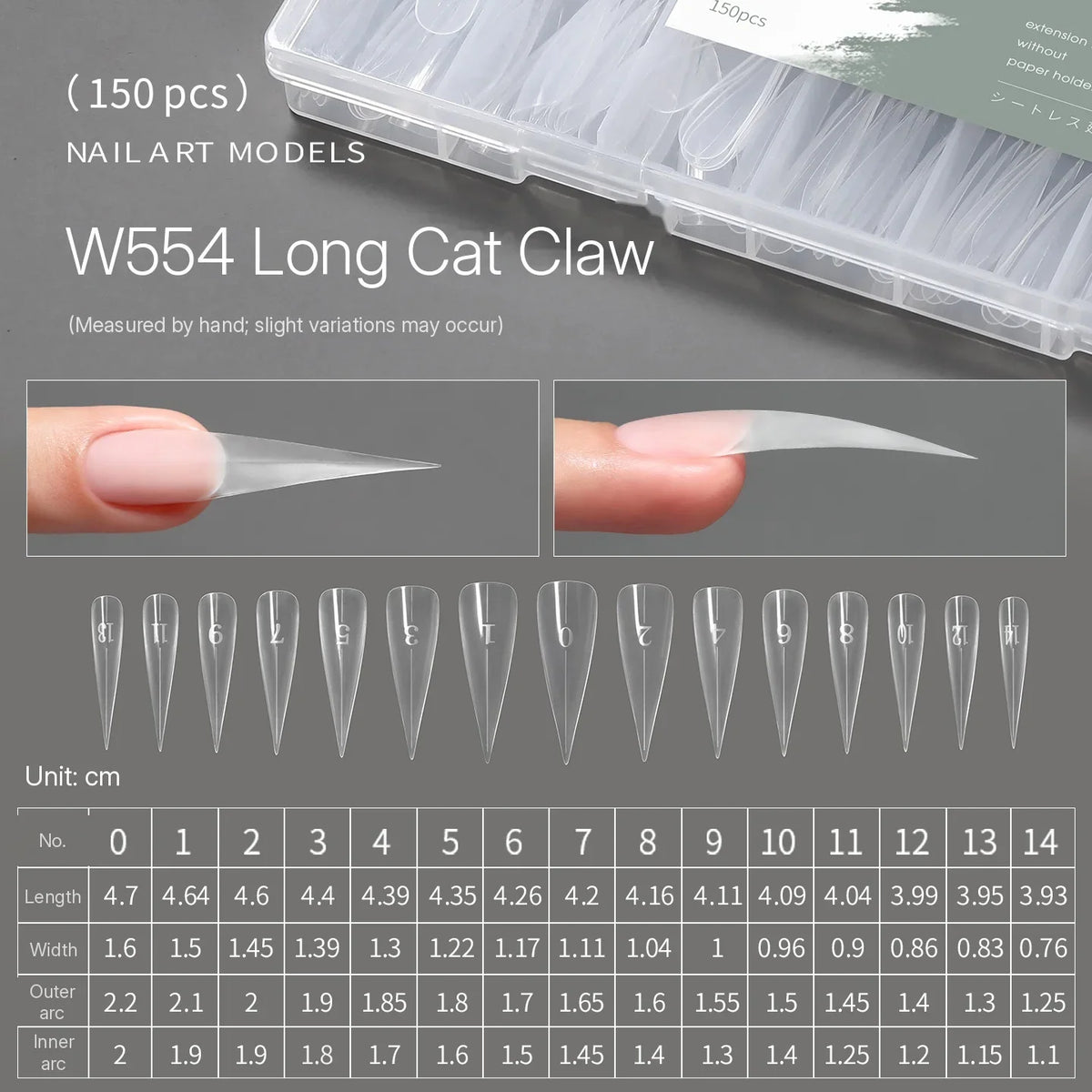 MR NAIL W554 long cat claw positioning form, 150 pcs, size chart