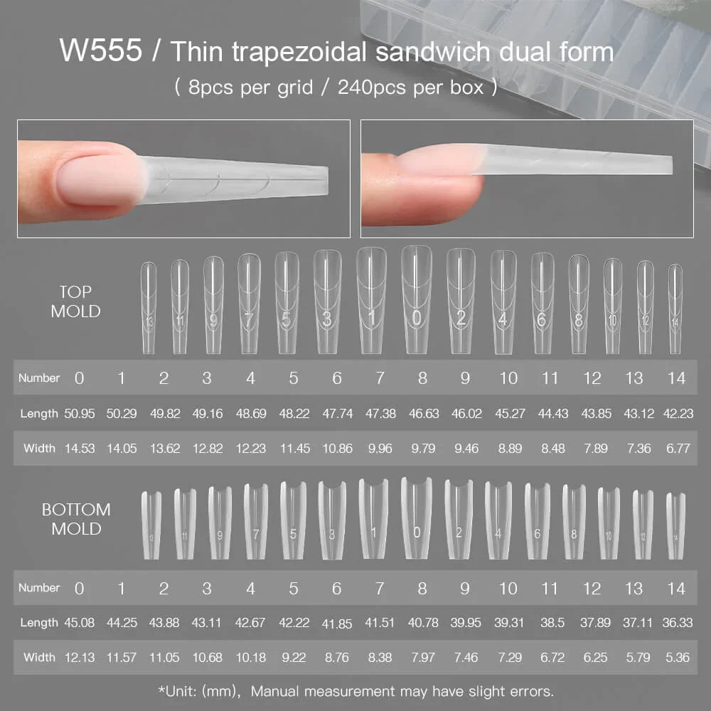 MR NAIL W555 slim trapezoid sandwich dual form, 240 pcs, size chart
