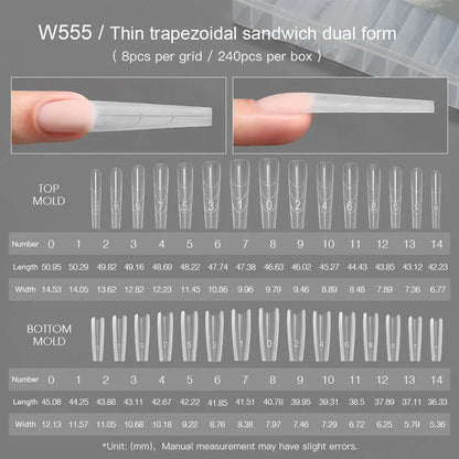 MR NAIL W555 slim trapezoid sandwich dual form, 240 pcs, size chart