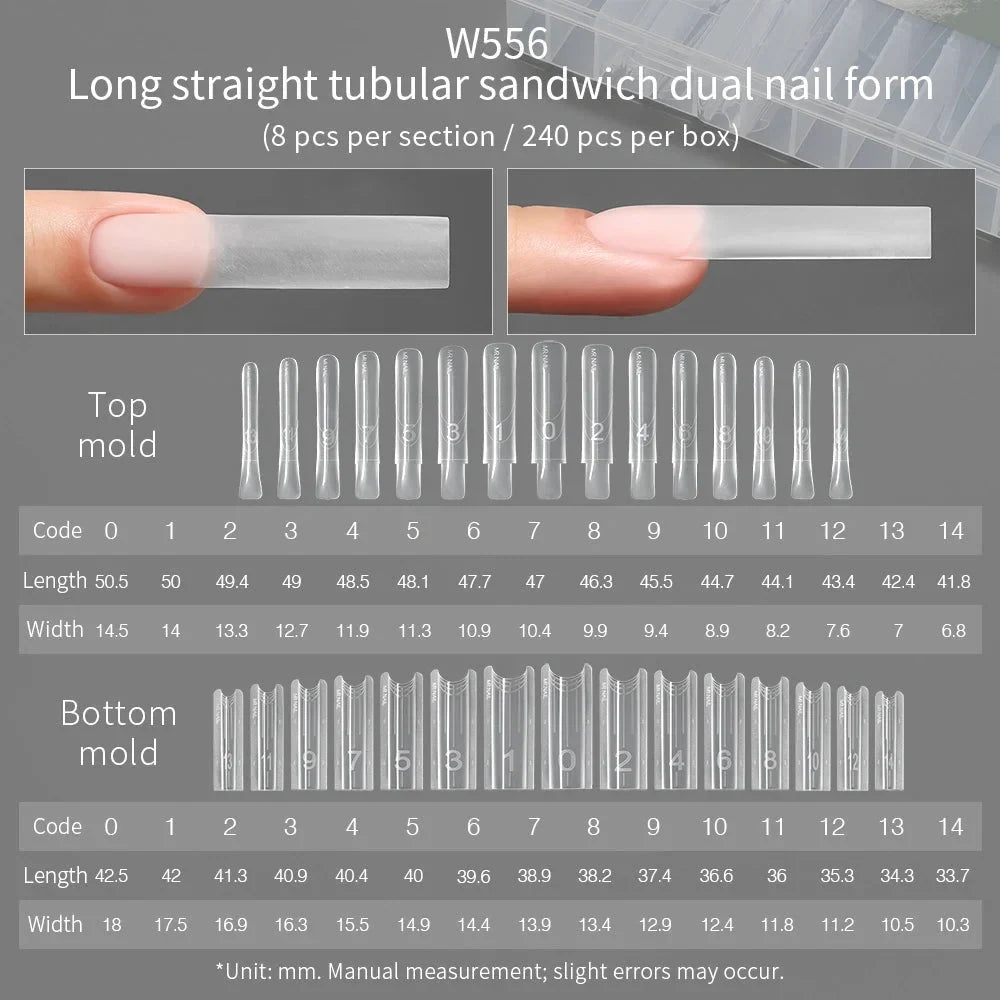 MR NAIL W556 long straight tube sandwich dual form, 240 pcs, size chart