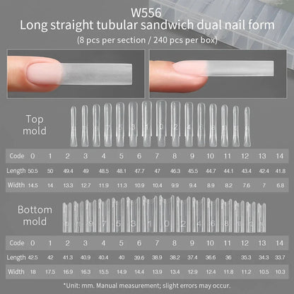 MR NAIL W556 long straight tube sandwich dual form, 240 pcs, size chart