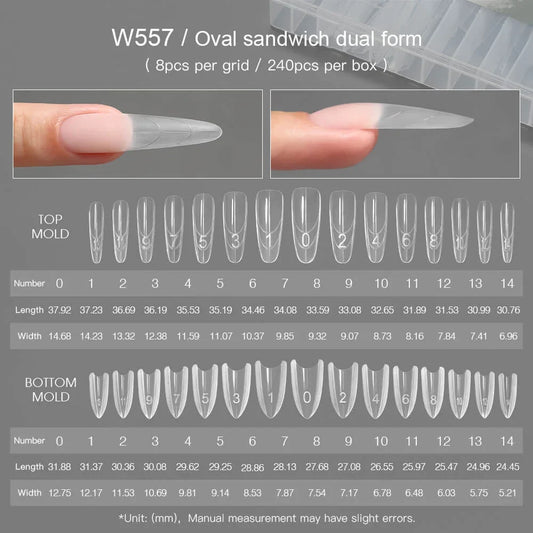 MR NAIL W557 oval sandwich dual form, 240 pcs, size chart