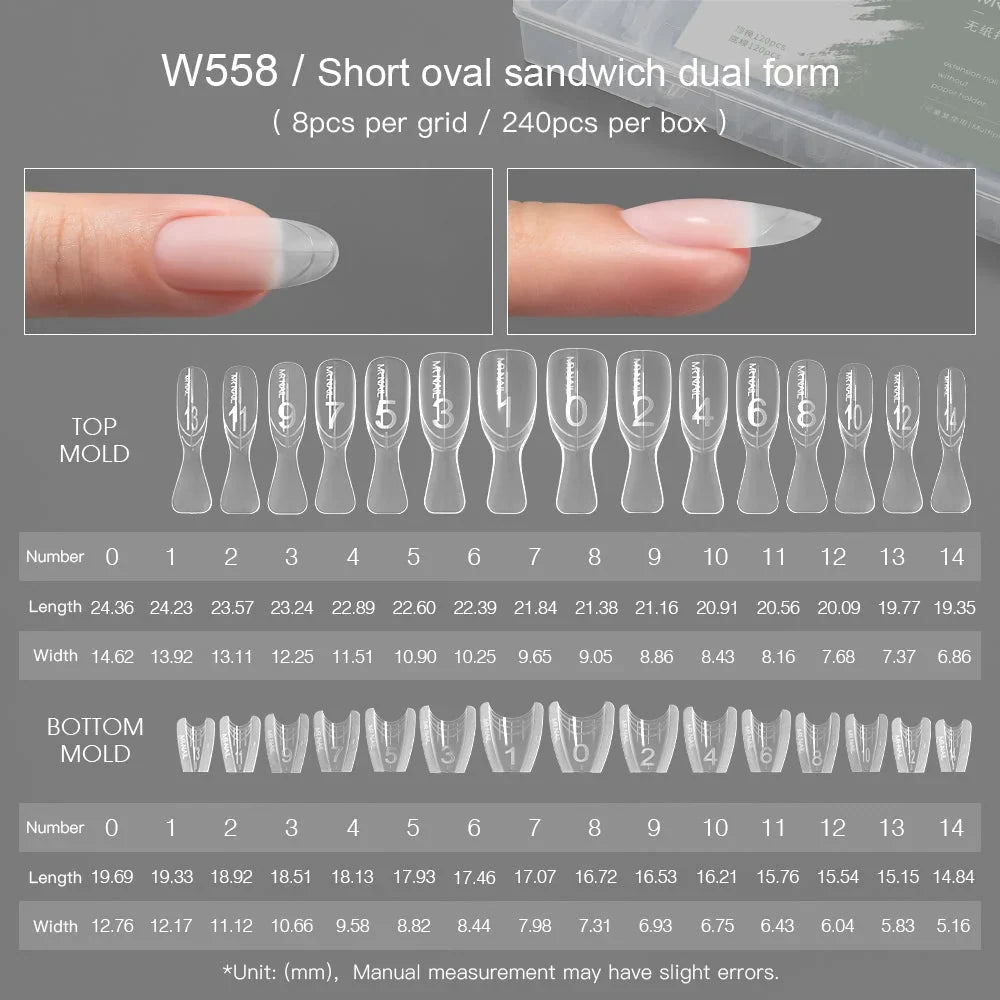 MR NAIL W558 short oval sandwich dual form, 240 pcs, size chart