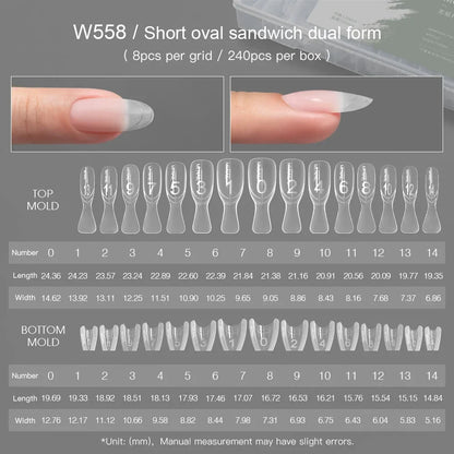 MR NAIL W558 short oval sandwich dual form, 240 pcs, size chart