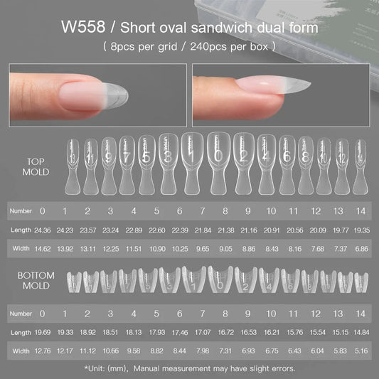 MR NAIL W558 short oval sandwich dual form, 240 pcs, size chart