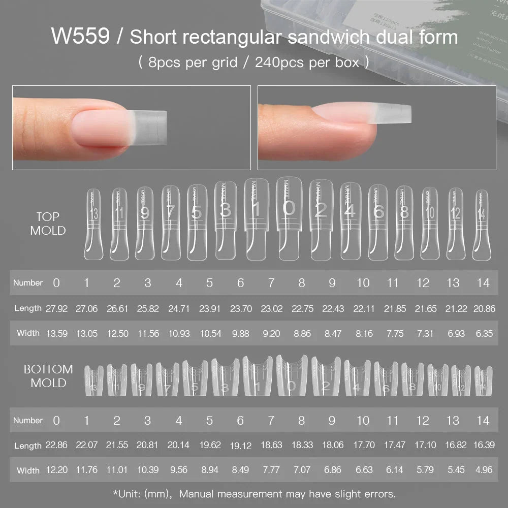 MR NAIL W559 short square sandwich dual form, 240 pcs, size chart
