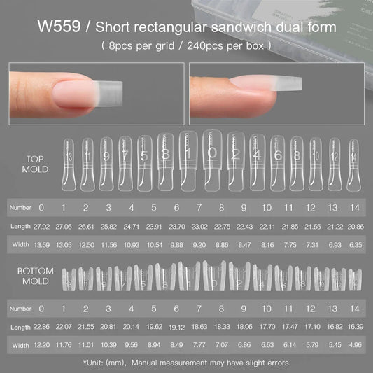 MR NAIL W559 short square sandwich dual form, 240 pcs, size chart
