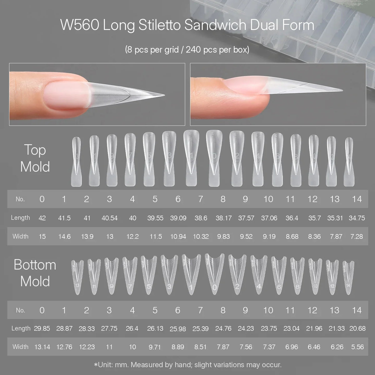 MR NAIL W560 long stiletto sandwich dual form, 240 pcs, size chart
