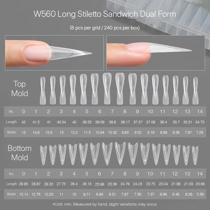 MR NAIL W560 long stiletto sandwich dual form, 240 pcs, size chart