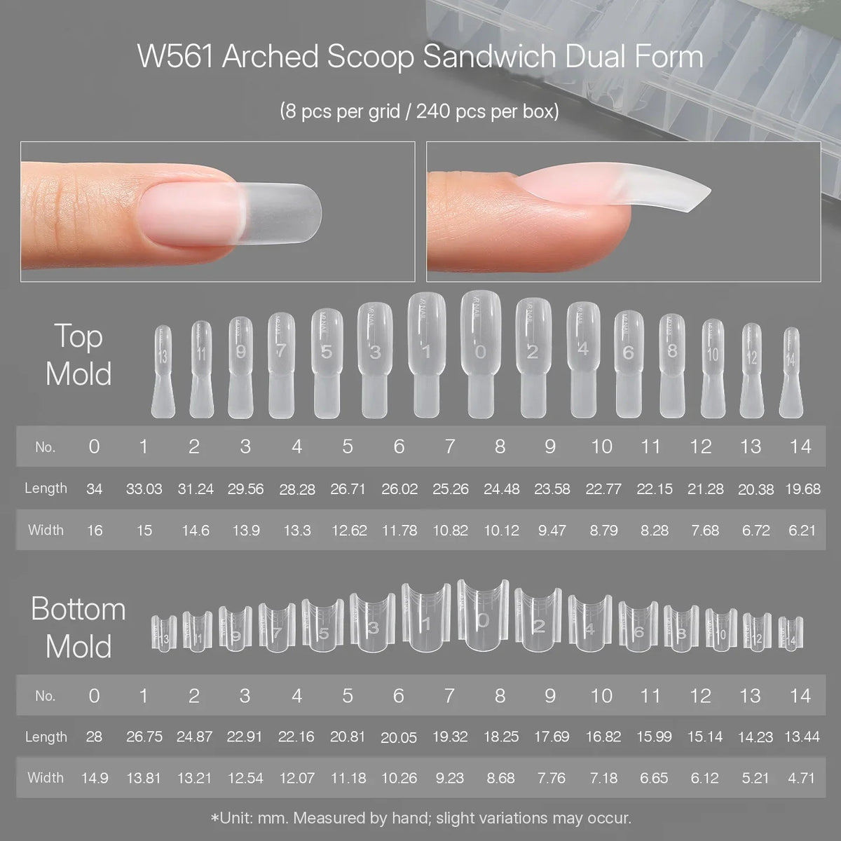 MR NAIL W561 arched scoop sandwich dual form, 240 pcs, size chart