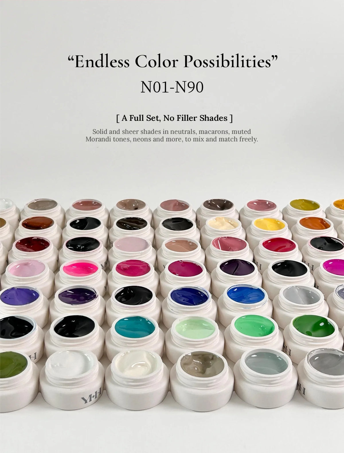Open jars of N Series gel: N01–N90, solid and sheer shades