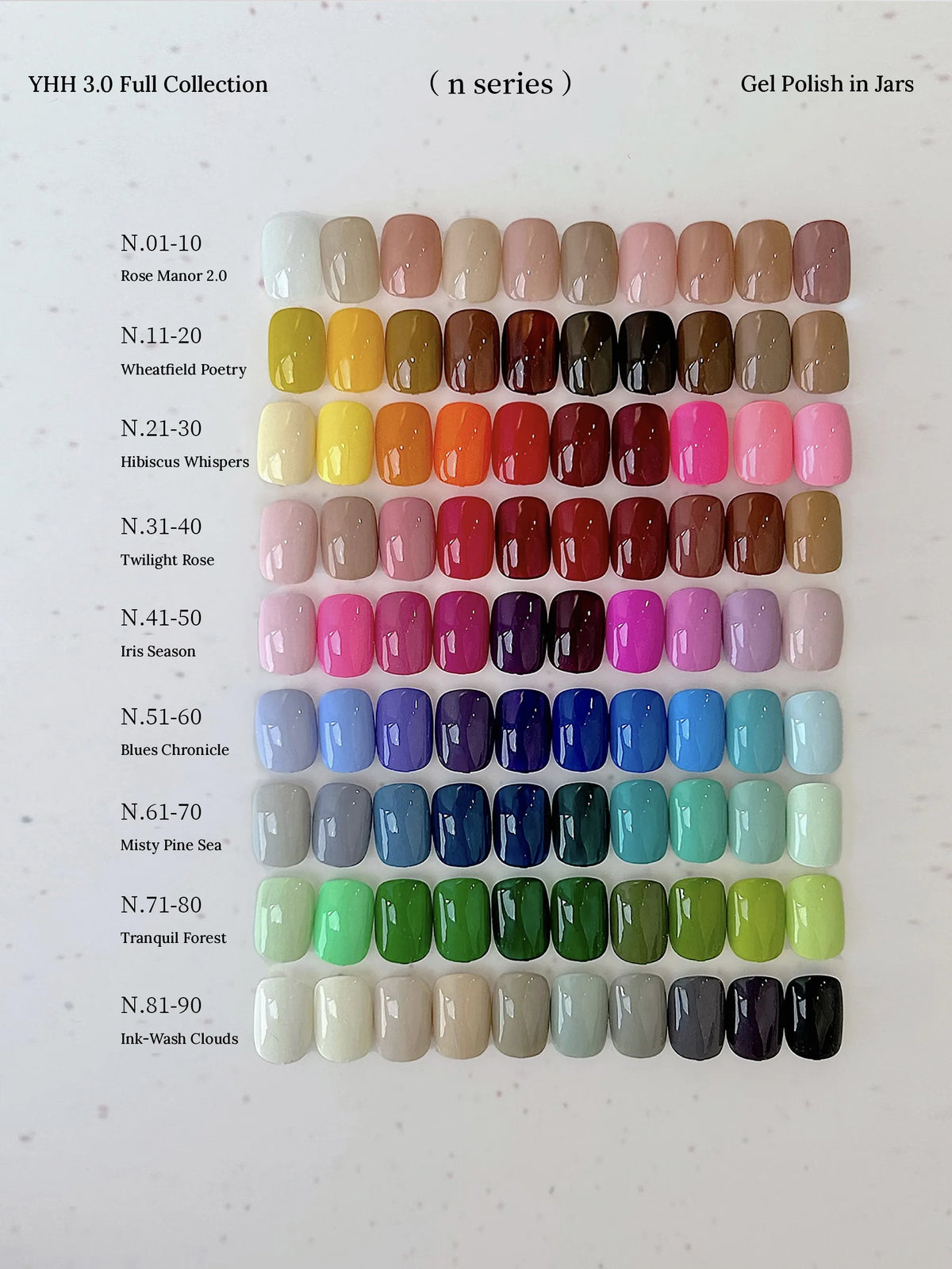 YHH N Series 3.0 shade chart: all 90 colors in nine labelled families
