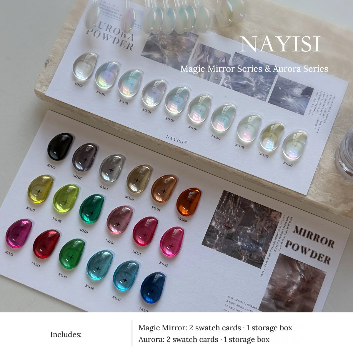 Both NAYISI chrome powder sets on their swatch cards