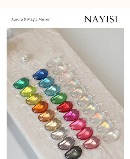 Aurora and Magic Mirror chrome swatches with M and J shade labels