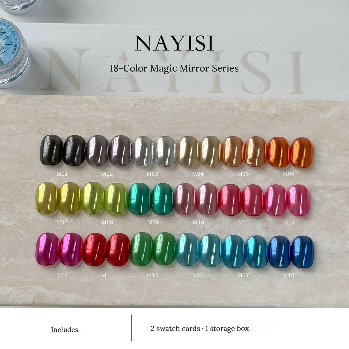 Magic Mirror chrome powder 18-color set, M01–M18 swatches; includes 2 swatch cards and a storage box