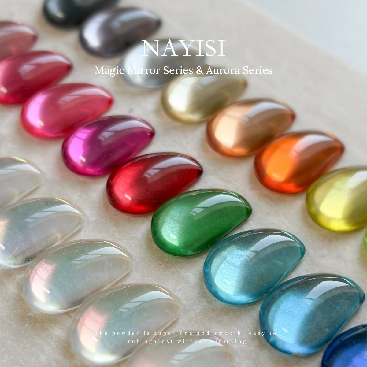 Close-up of glossy Magic Mirror and Aurora chrome swatches