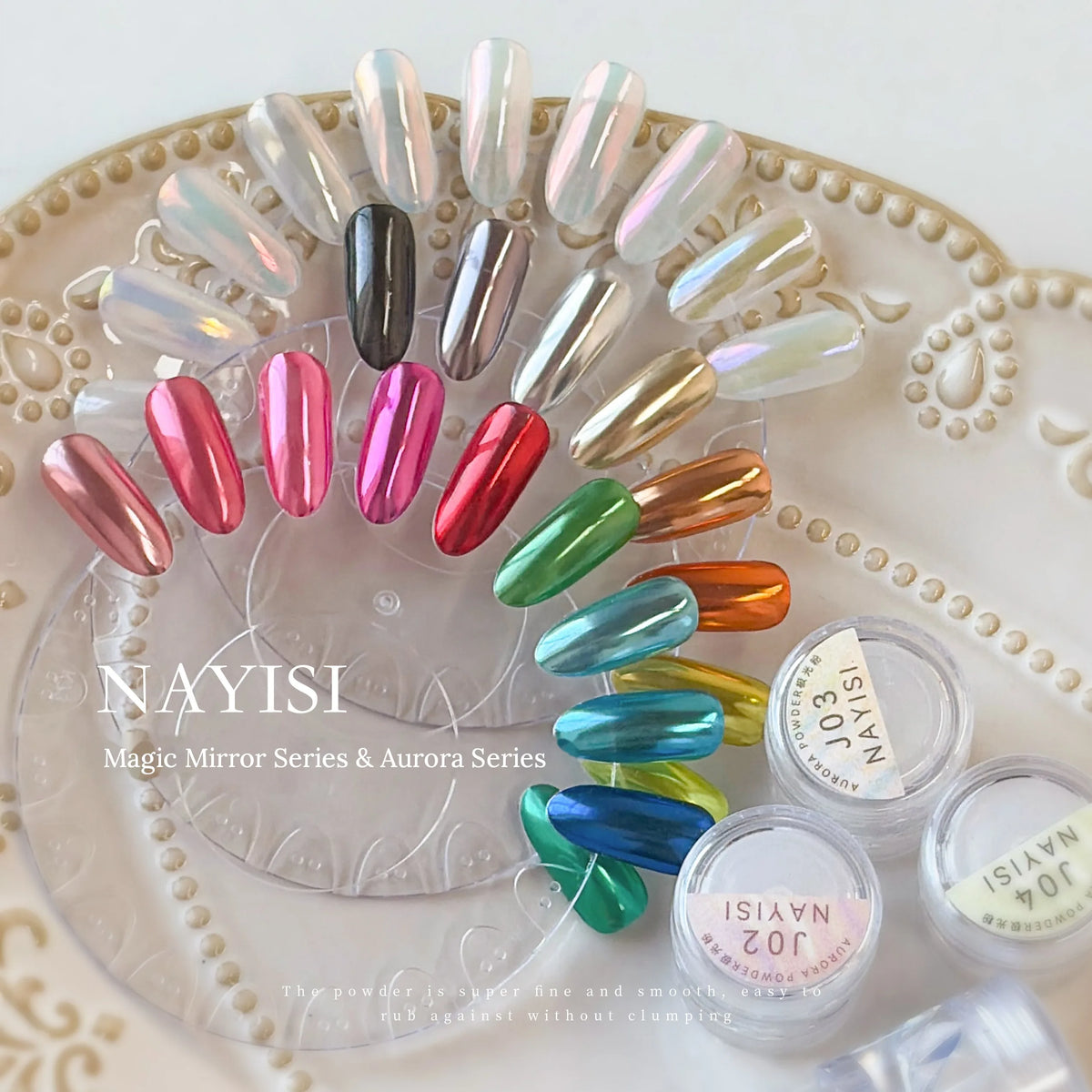 Chrome powder swatch wheel with Magic Mirror and Aurora jars