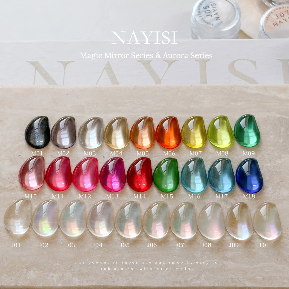 NAYISI Magic Mirror M01–M18 and Aurora J01–J10 chrome powder swatches
