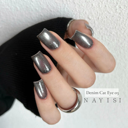 Denim Cat Eye 03, charcoal gray cat eye, on nails