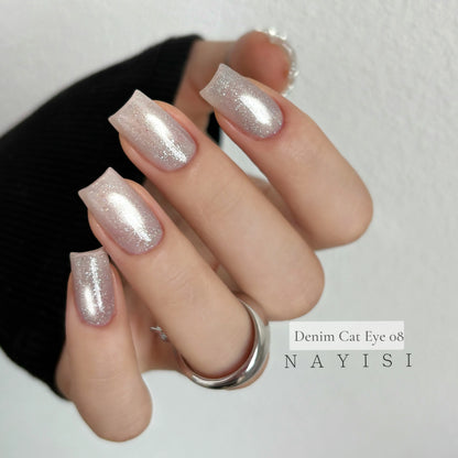 Denim Cat Eye 08, silver white cat eye, on nails