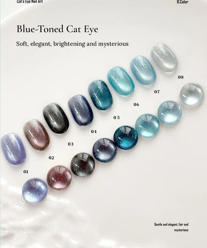 Blue-toned Denim Cat Eye swatches 01–08