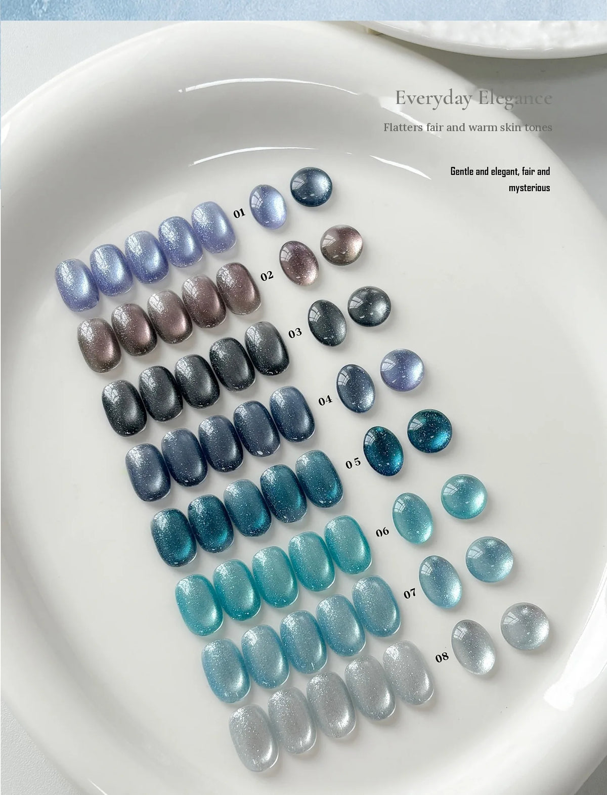 Denim Cat Eye swatches on a plate, everyday blue-gray tones