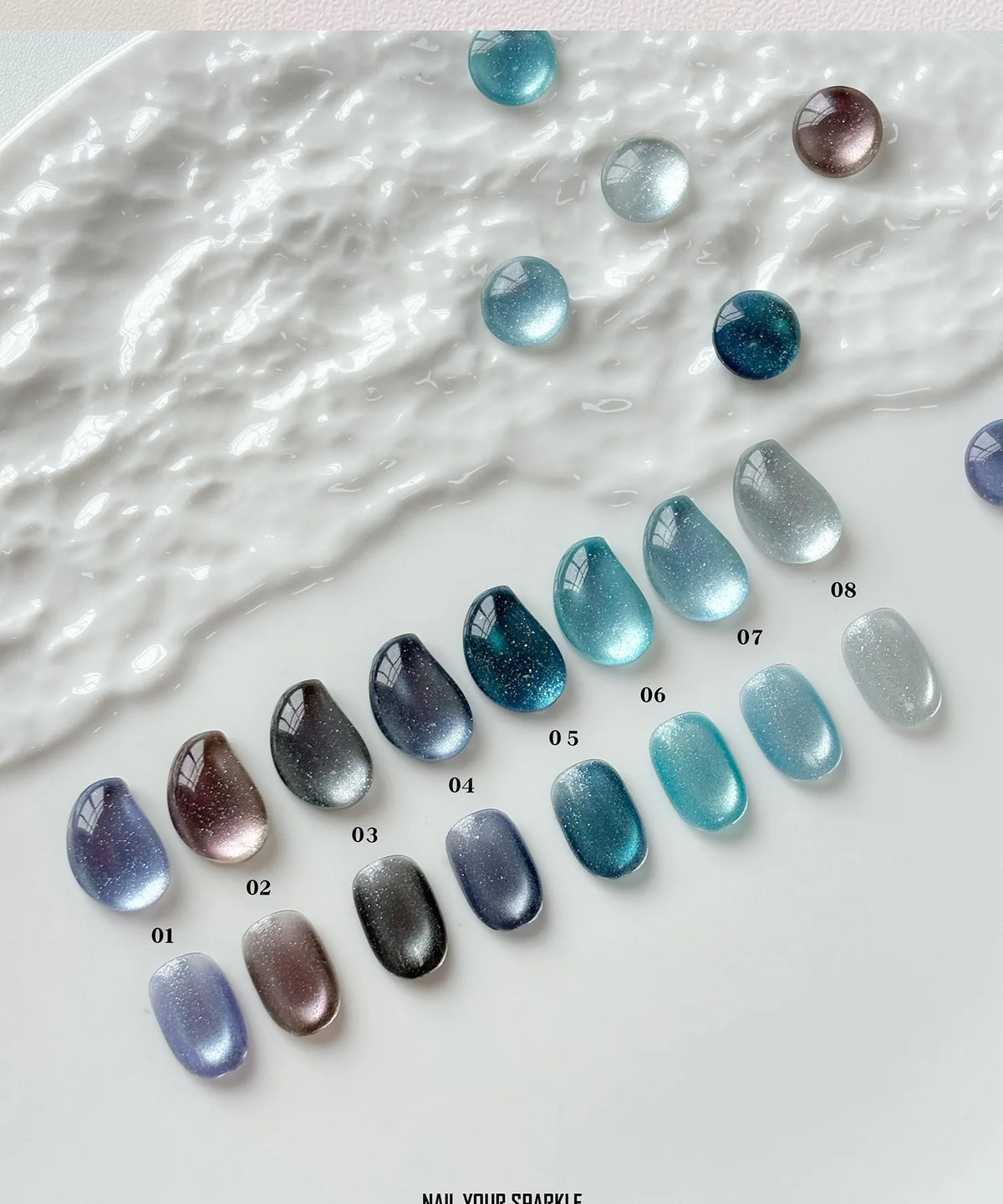 Denim Cat Eye drop swatches 01–08 beside a textured gel wave