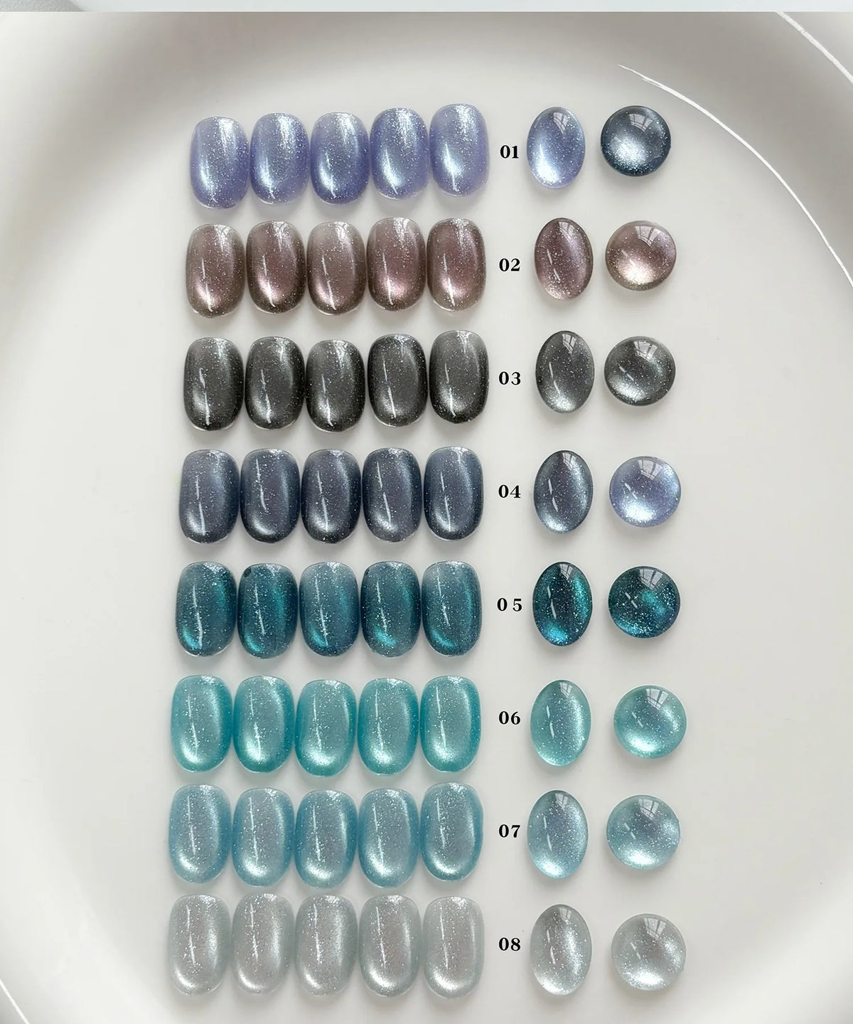 Denim Cat Eye shade chart, five nail tips and two drops per shade, 01–08
